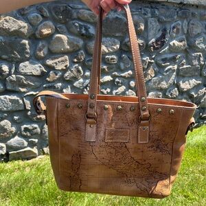 Patricia Nash Cognac Brown Map Design Leather Tote